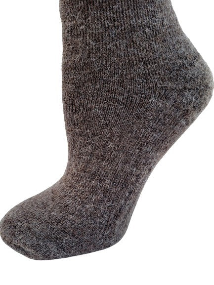 Dark heather gray ankle sock, rounded toe and thicker knit heel panel.