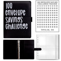 Black 100 envelope savings challenge binder with snap strap and tracker pages shown.