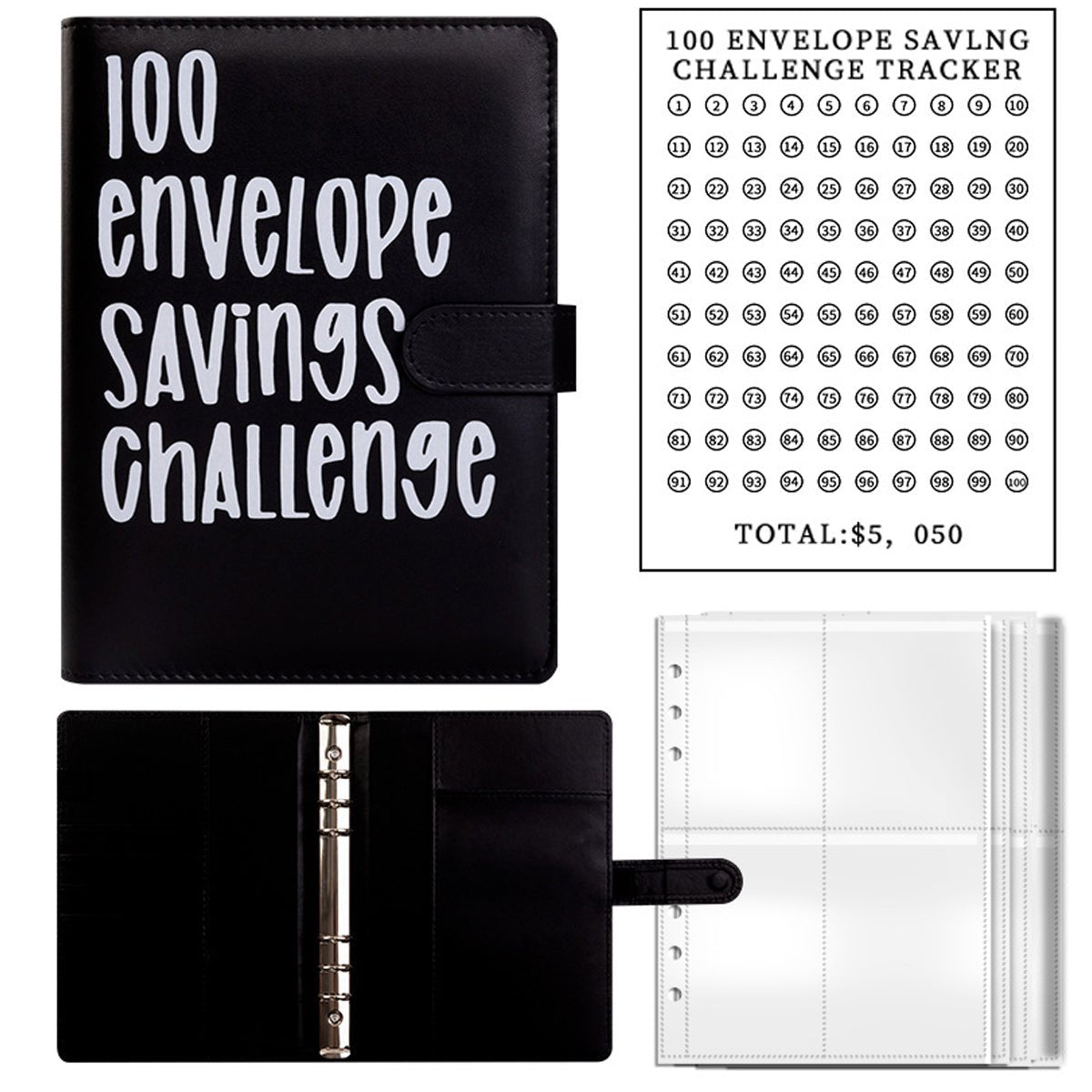 Black 100 envelope savings challenge binder with snap strap and tracker pages shown.