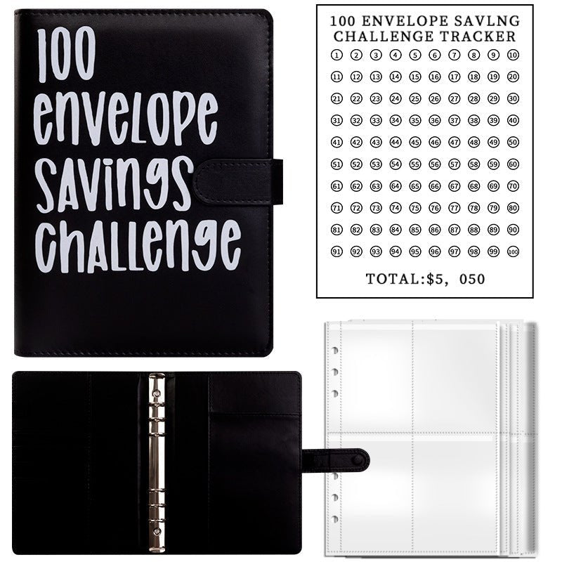 Black envelope savings challenge binder with snap strap, open binder rings and tracker page.