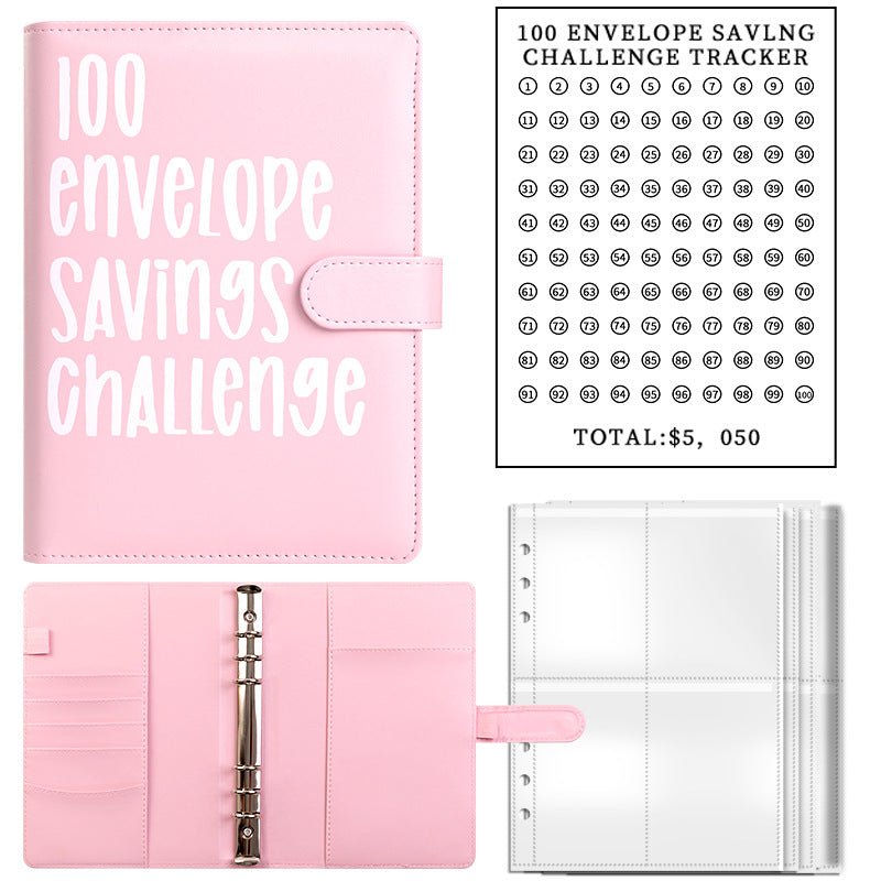 Pink envelope savings challenge binder with snap strap, plus open organizer and tracker page.