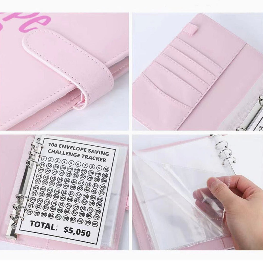 Pink envelope savings binder detail: storage spine rings, pocket pages, and tracker card.