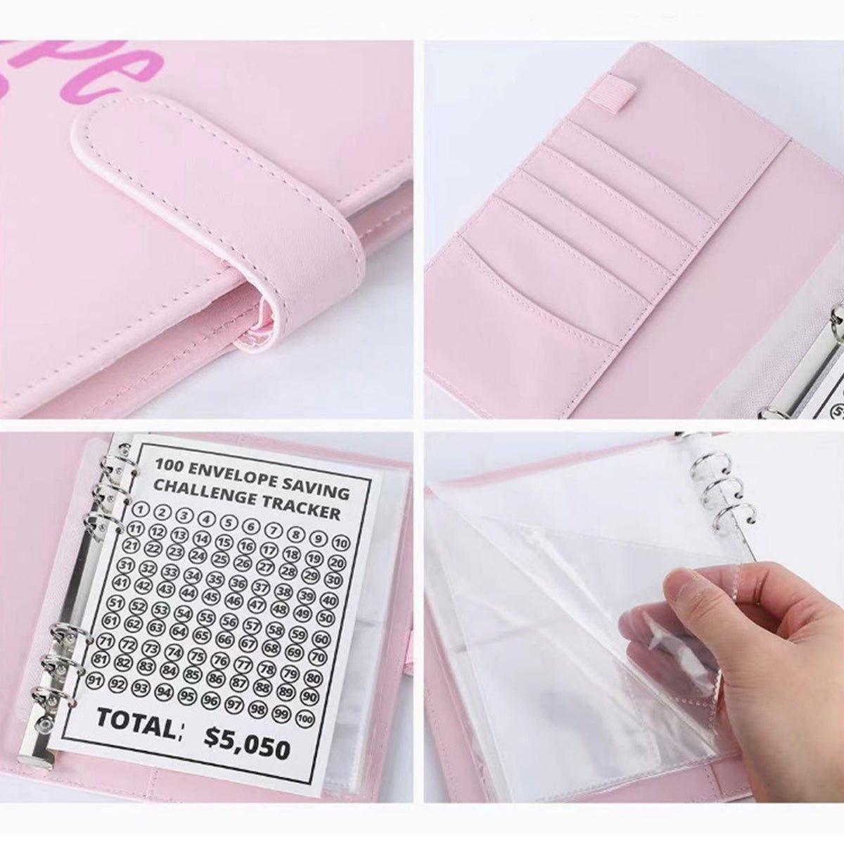 Pink envelope savings binder detail: storage spine rings, pocket pages, and tracker card.