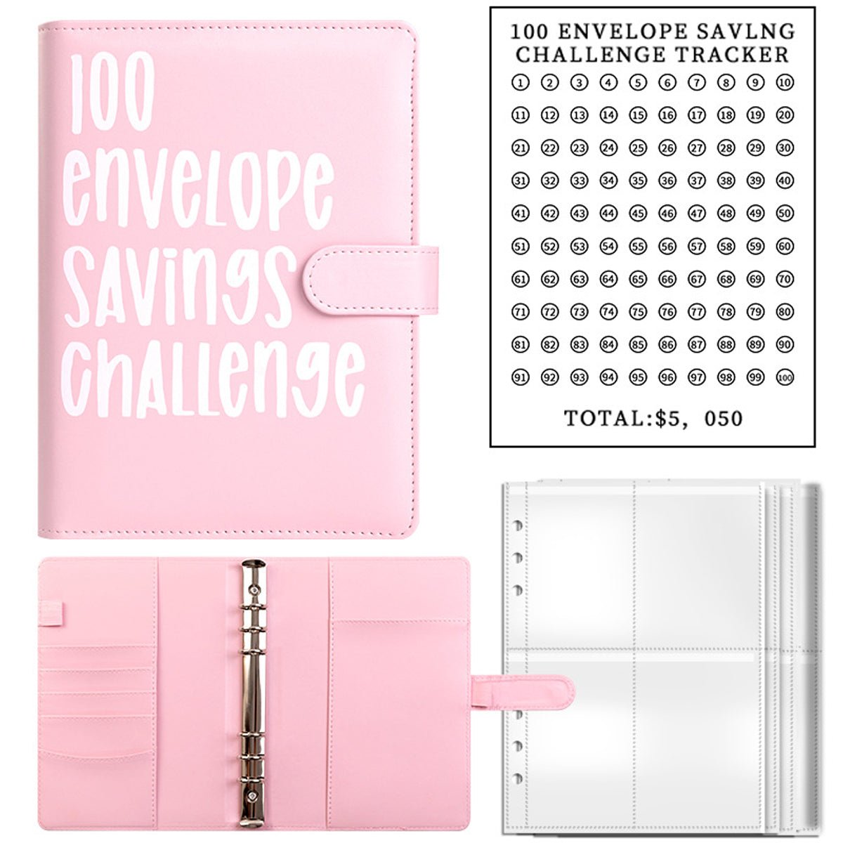 Pink 100 envelope savings challenge binder with snap strap, open organizer, and tracker page.