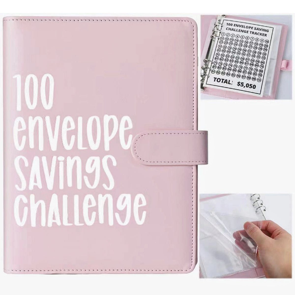 Pink envelope savings challenge binder with snap strap and included tracker card and sleeve.