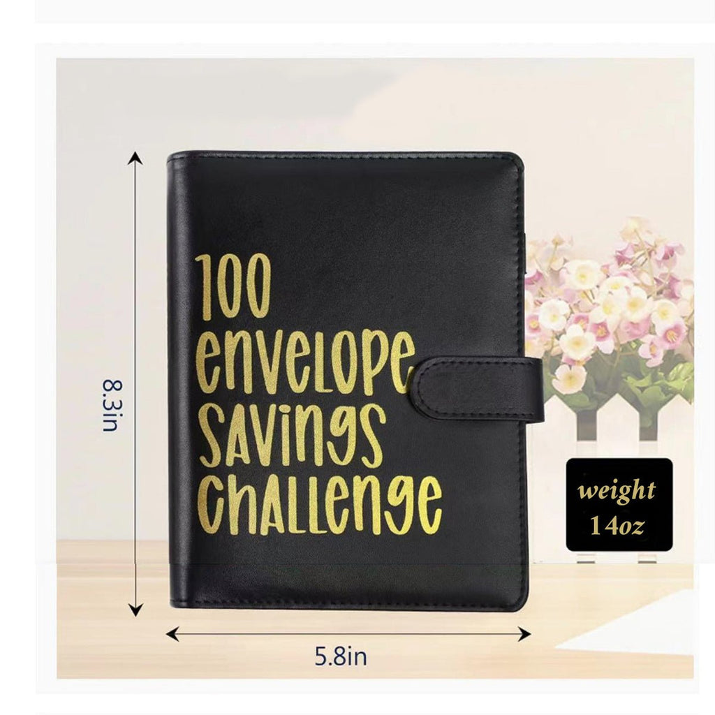 Black envelope savings challenge binder, front cover with snap strap; size markers shown.
