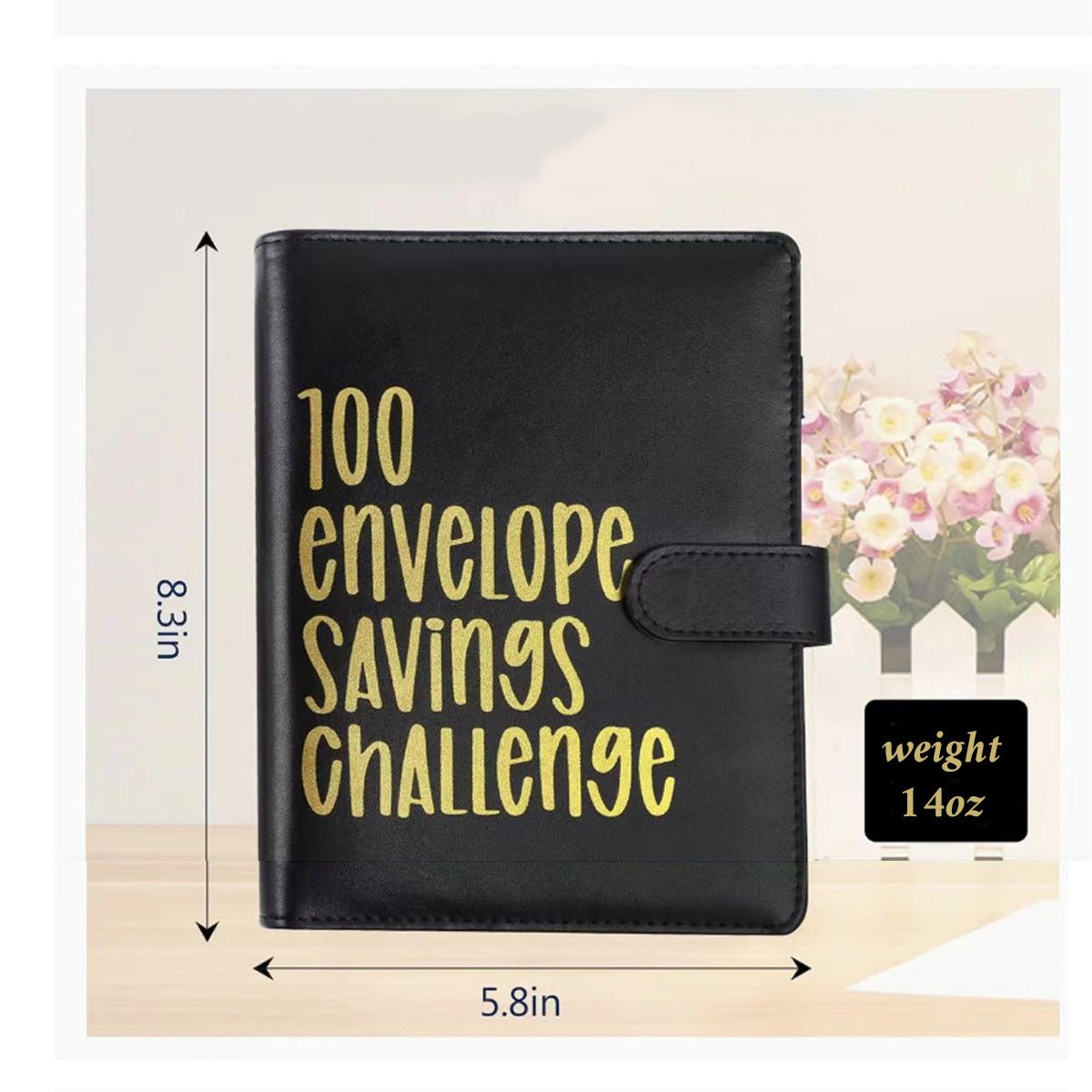 Black envelope savings challenge binder, front cover with snap strap; size markers shown.