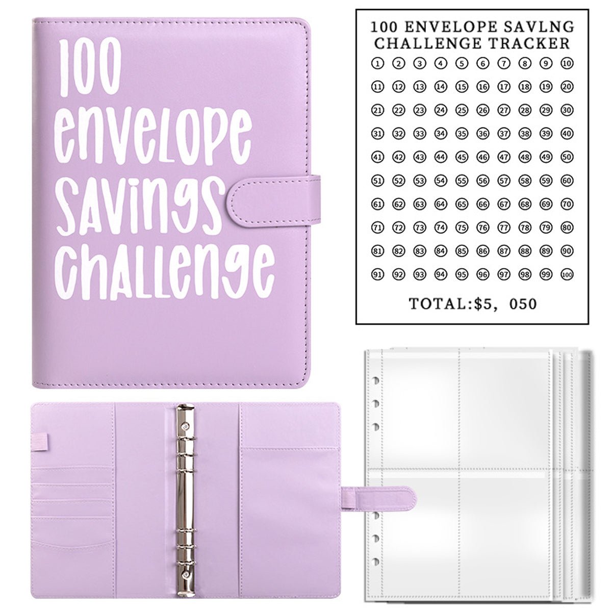 Lavender savings challenge binder with 100 envelope tracker cover and ring binder