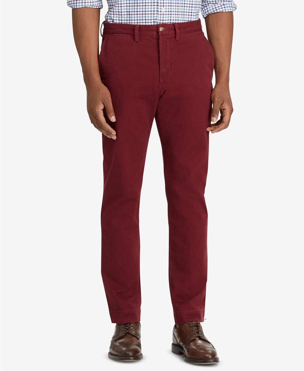 Men's straight-fit chino pants in wine, zip fly, belt loops, straight legs