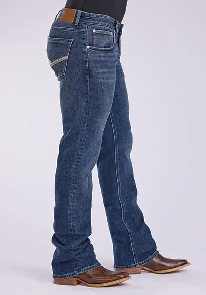 Men's medium-wash bootcut jeans, side view, with contrast pocket stitching and button fly