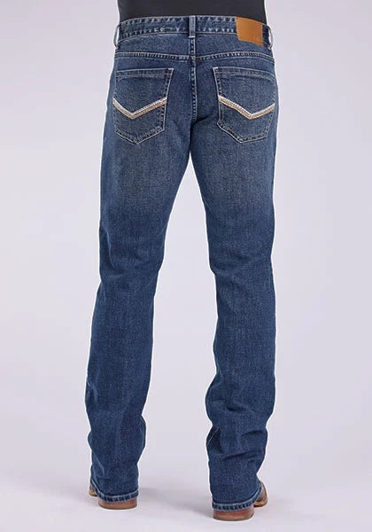 Men's bootcut jeans, back view, with contrast-stitch rear pockets and belt loops