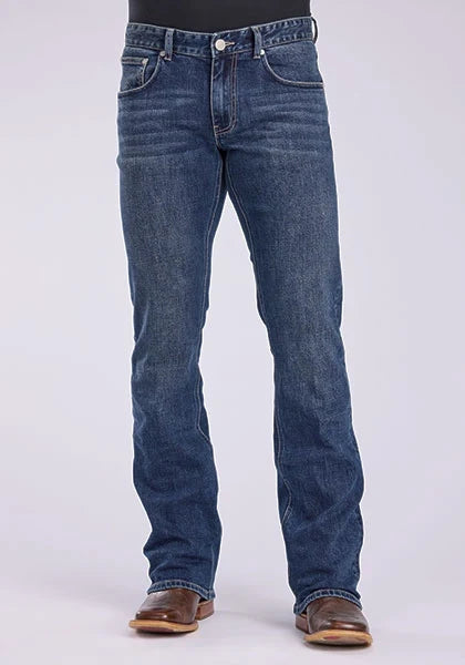 Men's medium-wash bootcut jeans with five-pocket styling and button waist