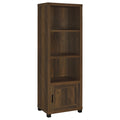 Dark pine media tower with three open shelves and lower cabinet door