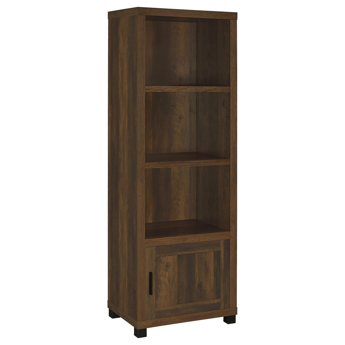 Dark pine media tower with three open shelves and lower cabinet door