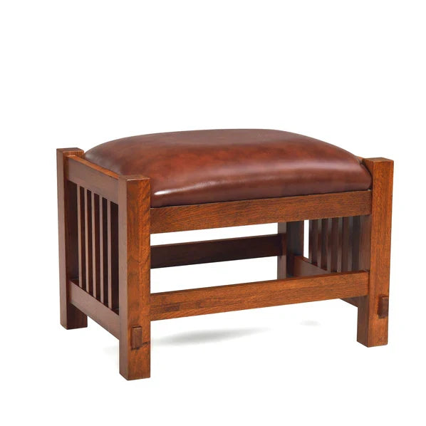 Chestnut leather ottoman stool with padded top and slatted wood sides