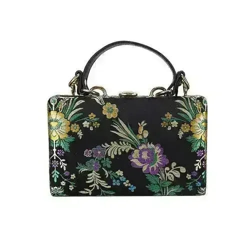 Antique floral frame clutch with top handle, dark fabric and multicolor blooms