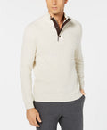 Men’s textured mock-neck sweater with quarter-button placket, cream/off-white knit