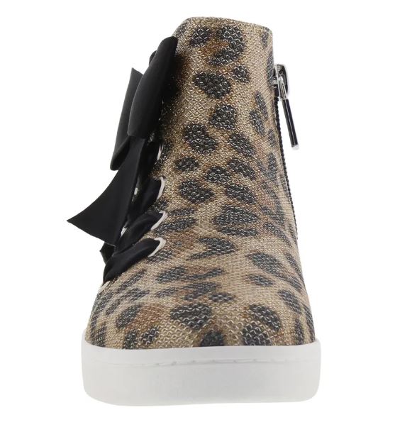 Kids’ leopard-print fabric high-top shoes with black bow and side zipper, white sole