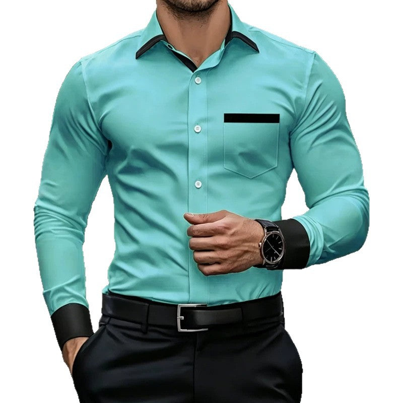 Men's teal contrast-color dress shirt, black collar and sleeve cuff trim, button-up
