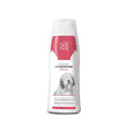 Dog detangling shampoo bottle, white bottle with red label and cap