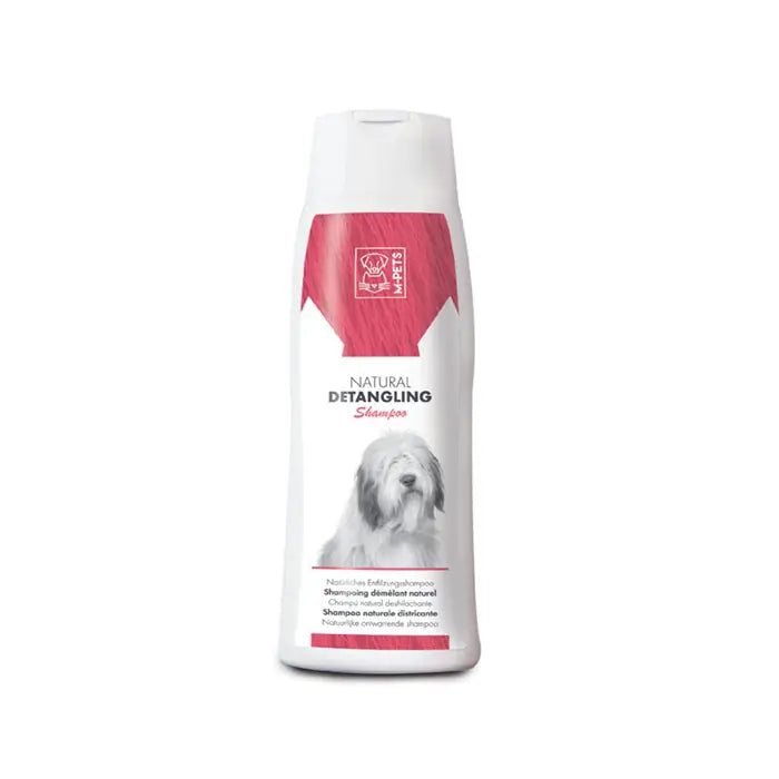 Dog detangling shampoo bottle, white bottle with red label and cap
