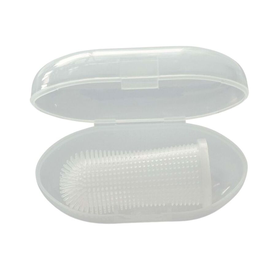 Silicone finger toothbrush with bristles inside hinged clear case
