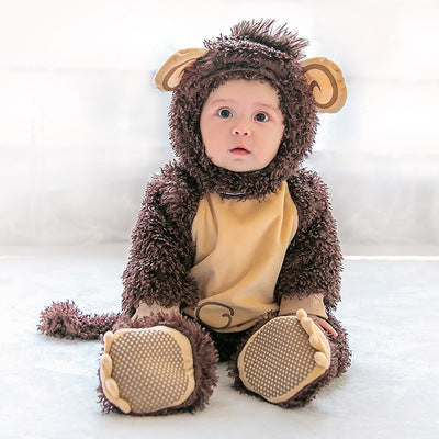 Baby Halloween animal jumpsuit in brown with furry hood, beige belly, and paw-shaped footies