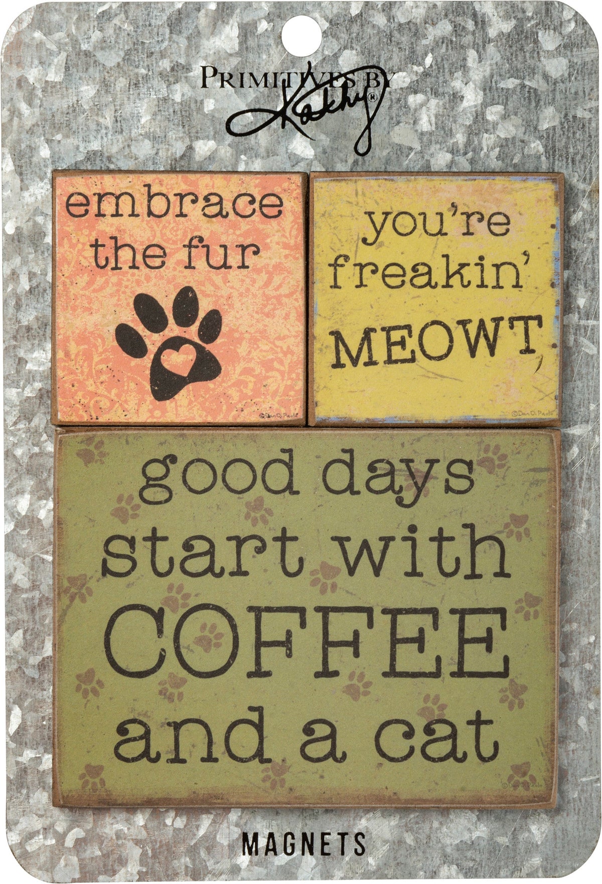 Cat magnet set with four square magnets: paw print, 'MEOWT!', coffee and cat quotes