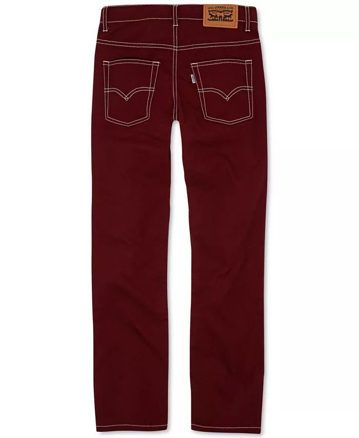 Burgundy slim pants with belt loops, zip fly, and two front pockets