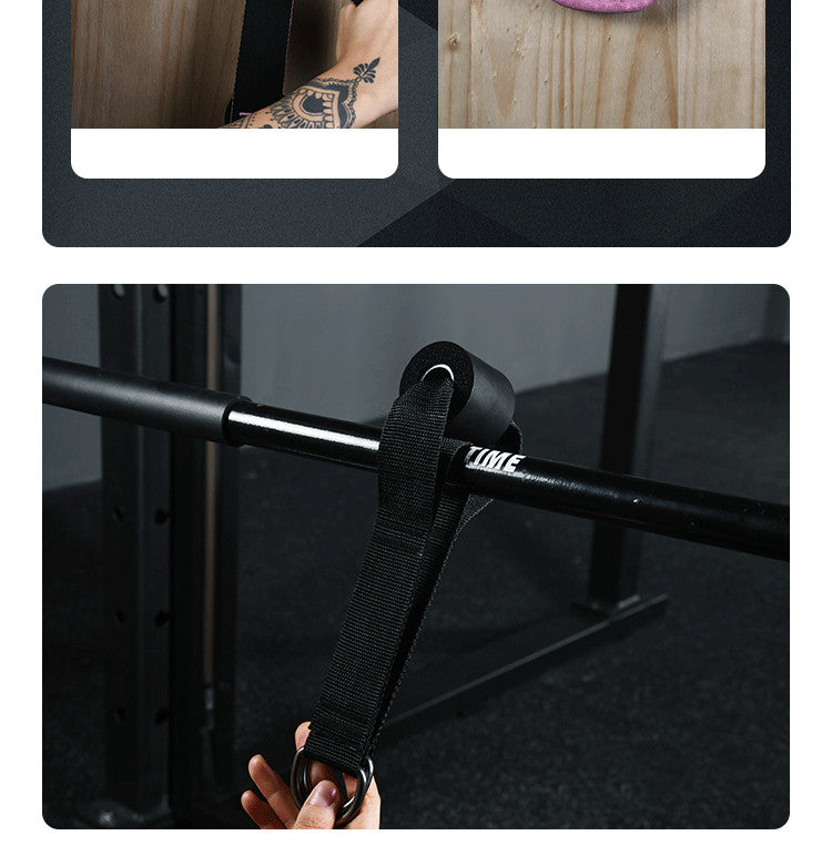 Black yoga stretch band strap with fabric loop and metal attachment ring