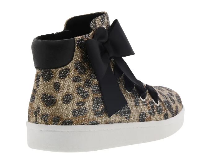 Kids’ leopard-print fabric high-top shoes with black bow and lace-up, white sole