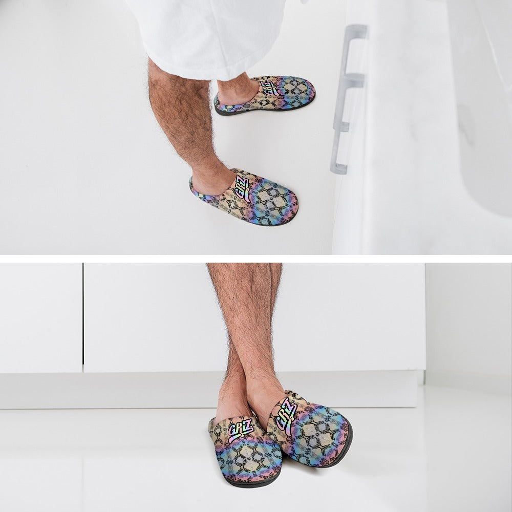 Multicolor cotton slip-on slippers with geometric pattern, worn on feet