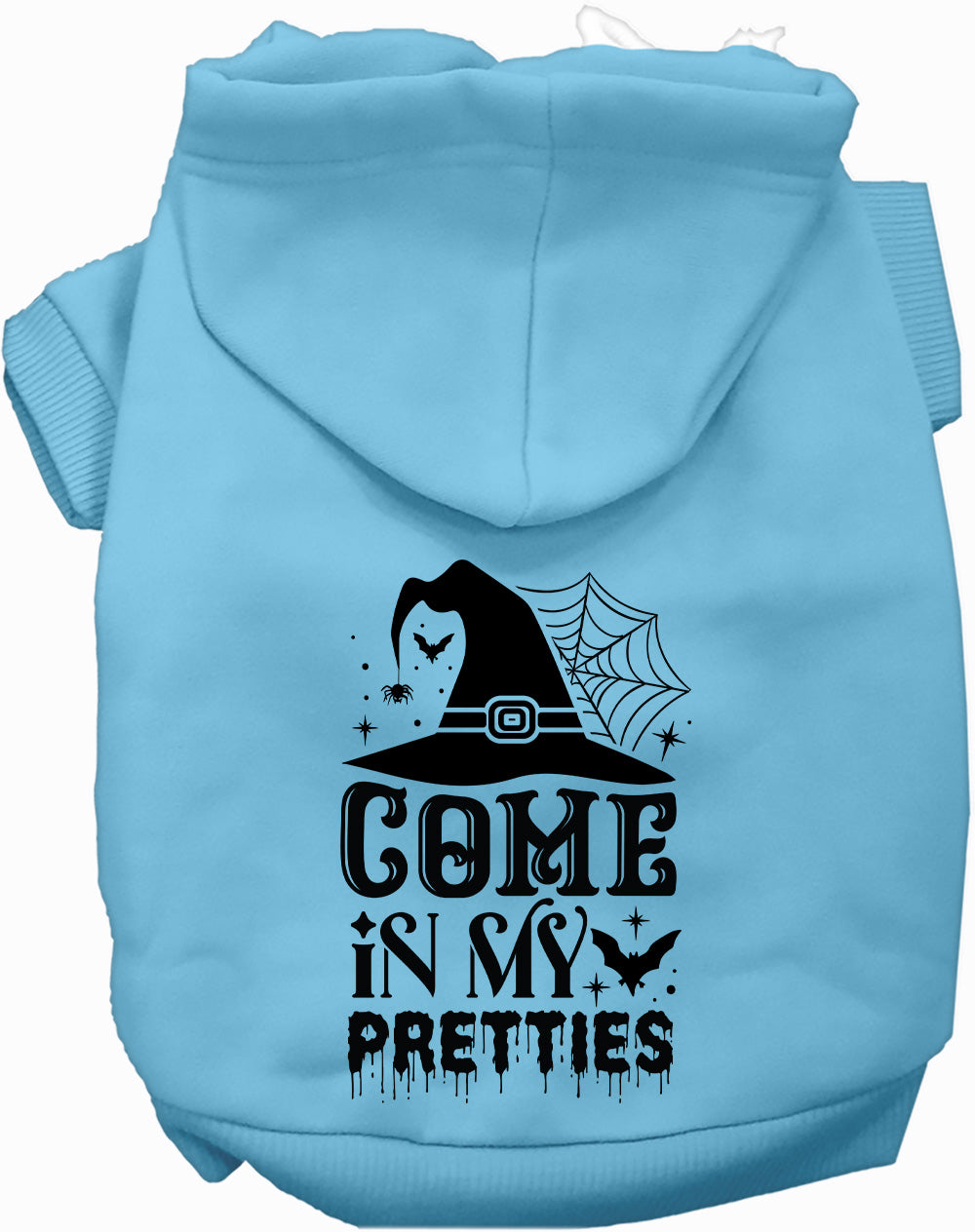 Light blue pet Halloween hoodie with hood and front cat-and-spiderweb graphic
