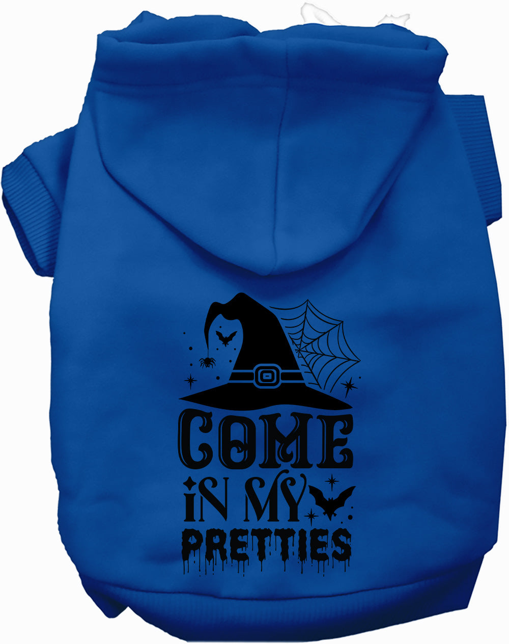 Dark blue pet Halloween hoodie with hood and front cat-and-spiderweb graphic
