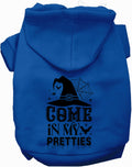 Dark blue pet Halloween hoodie with hood and front cat-and-spiderweb graphic