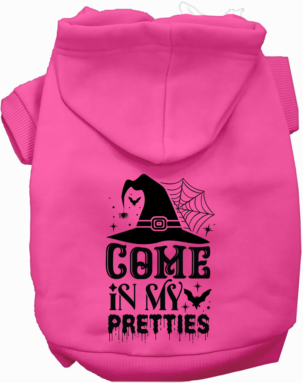Bright pink pet Halloween hoodie with hood and front cat-and-spiderweb graphic