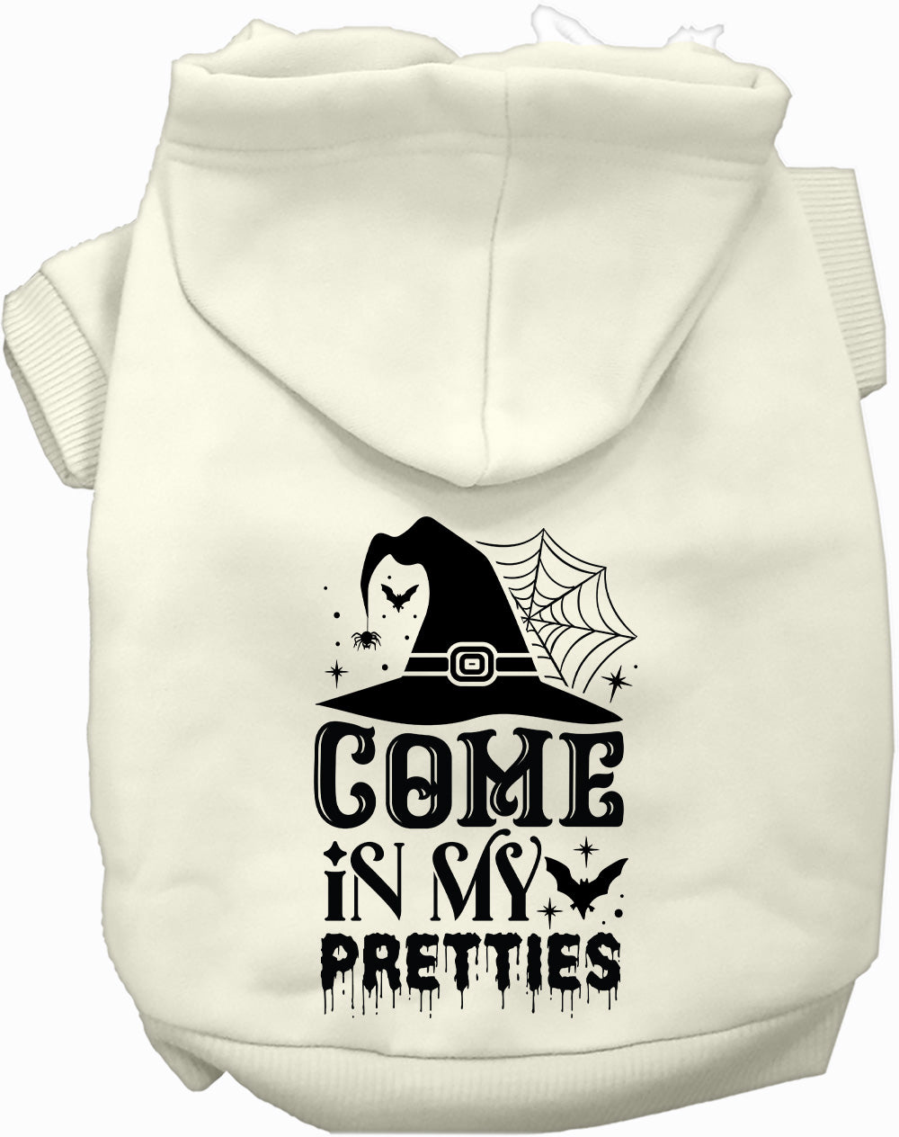 Cream pet Halloween hoodie with hood and front cat-and-spiderweb graphic