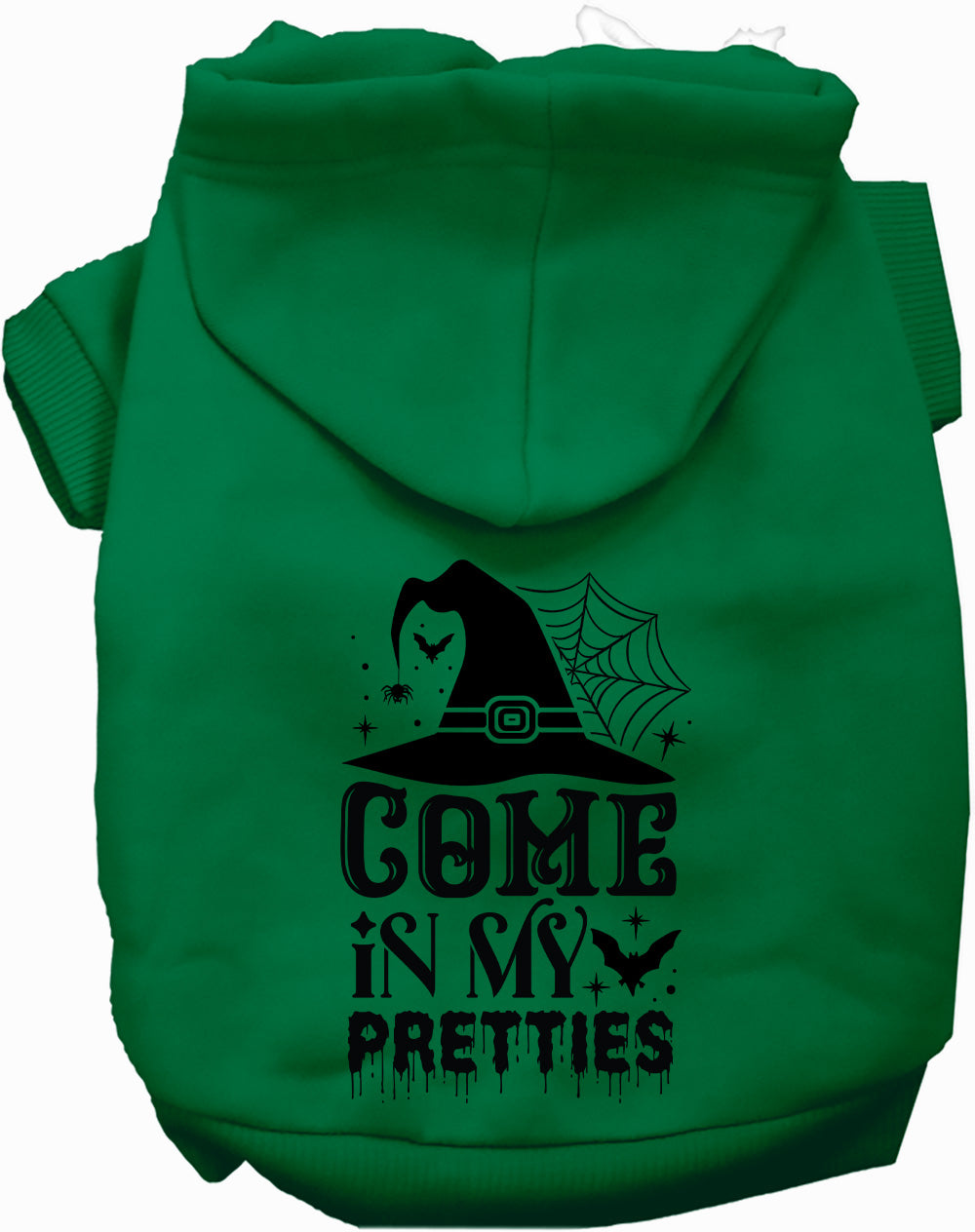Green pet Halloween hoodie with hood and front cat-and-spiderweb graphic