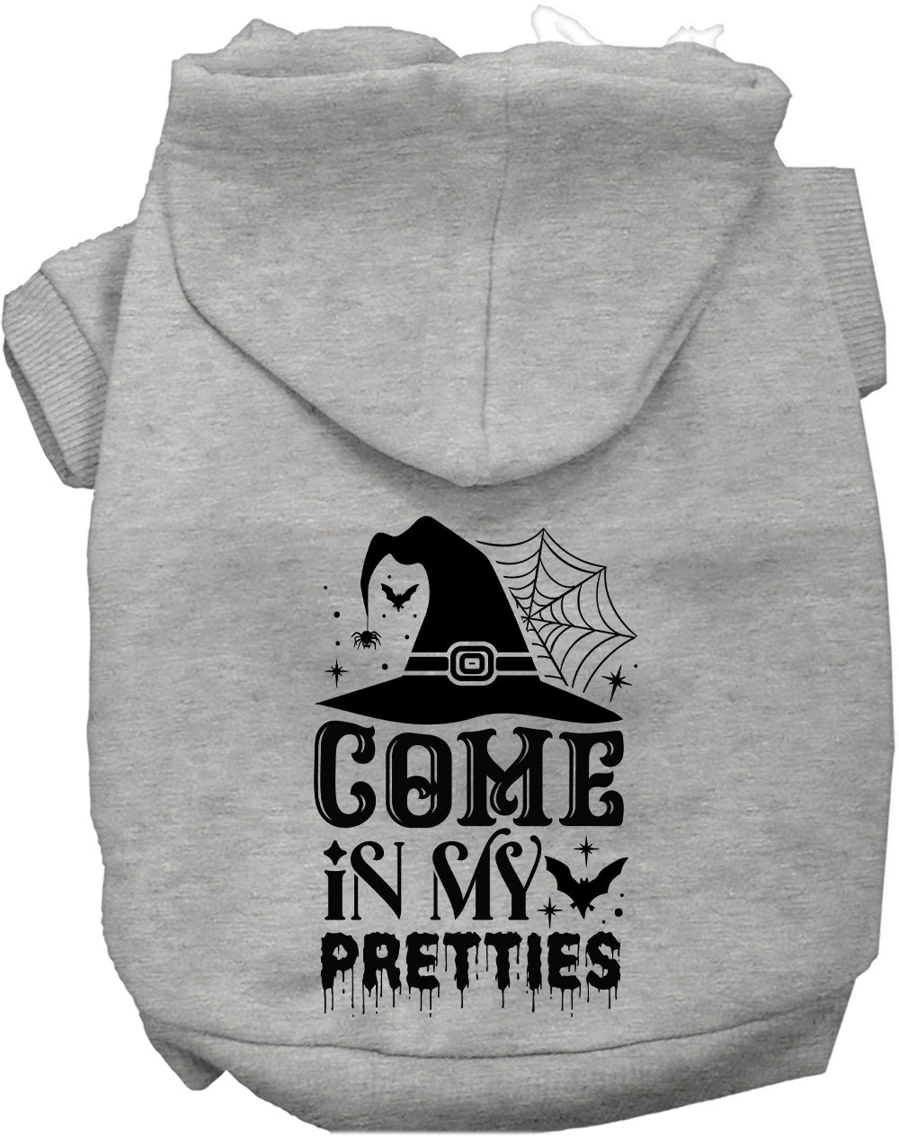 Gray pet Halloween hoodie with hood and front cat-and-spiderweb graphic