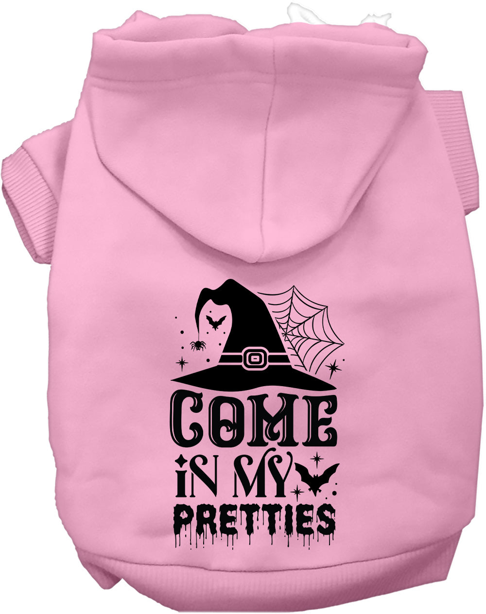 Pink pet Halloween hoodie with hood and front cat-and-spiderweb graphic