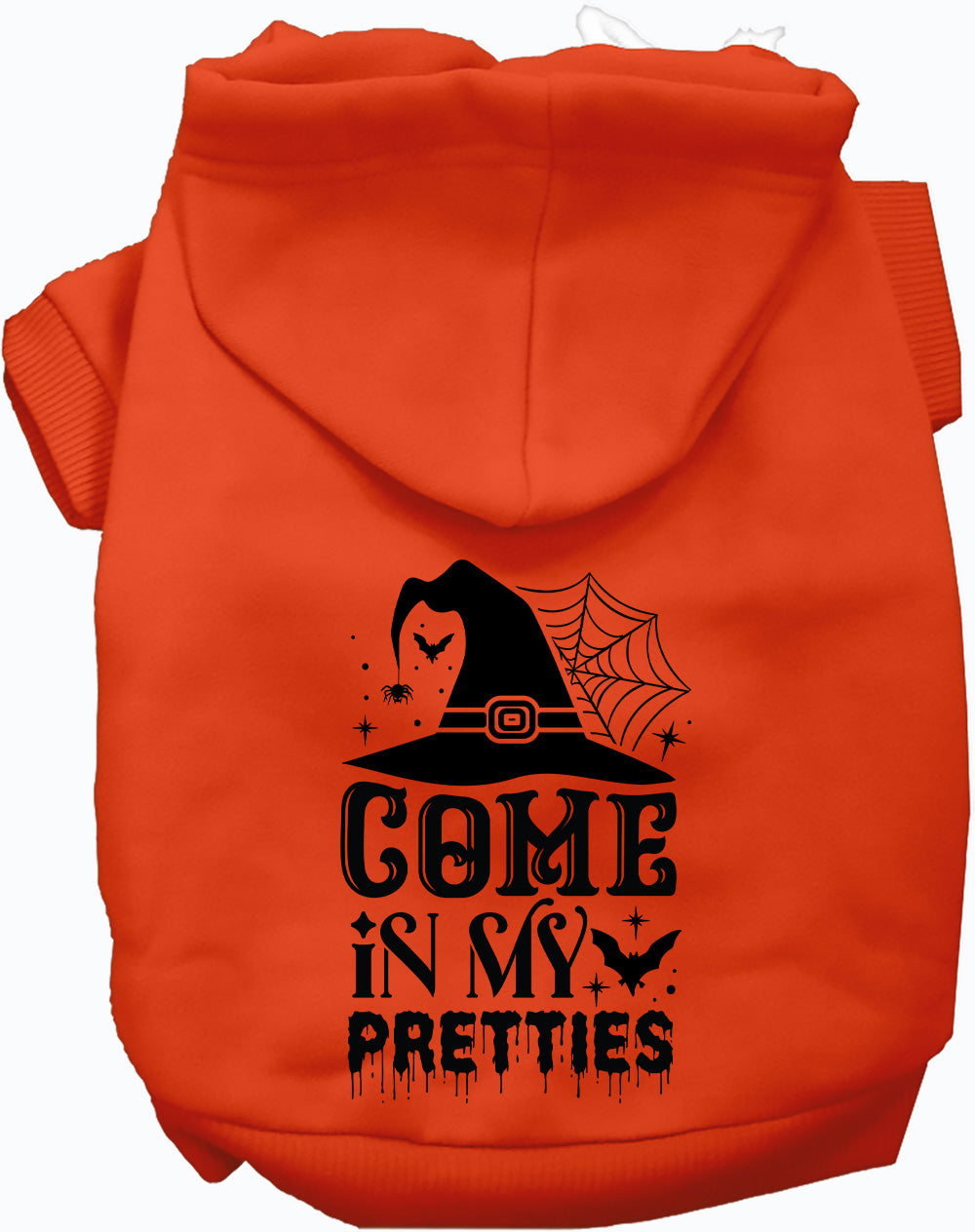 Orange pet Halloween hoodie with large front hood and cat-themed graphic print