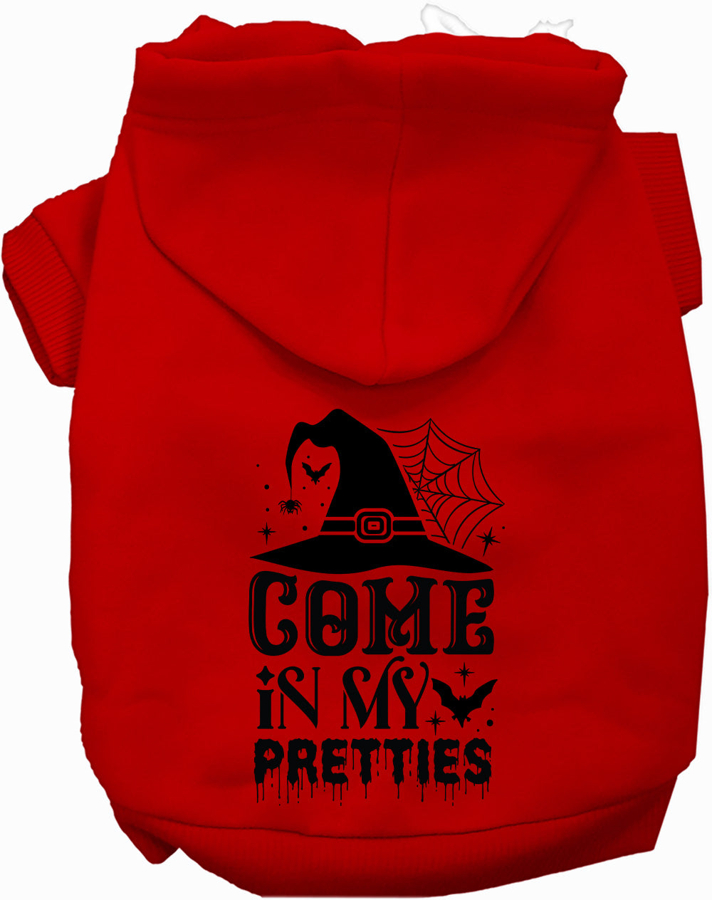 Red pet Halloween hoodie with hood and front cat-and-spiderweb graphic