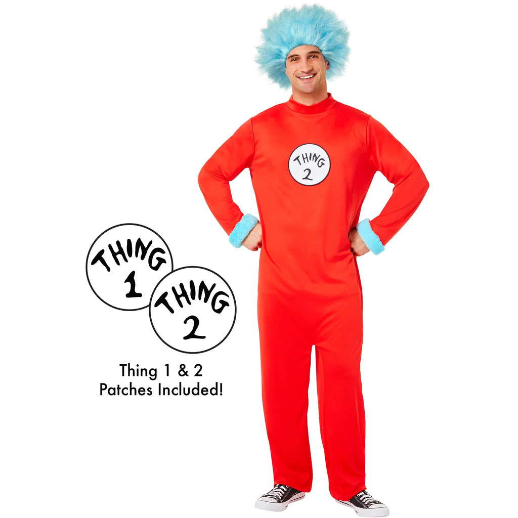 Red adult Thing jumpsuit costume with blue furry headpiece and belly patches