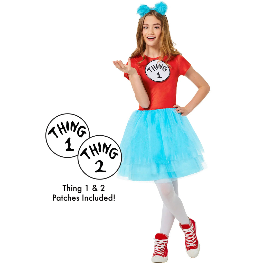 Girls Thing dress costume with red top, blue tutu skirt, and blue pom hat