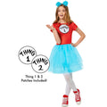 Girls Thing dress costume with red top, blue tutu skirt, and blue pom hat