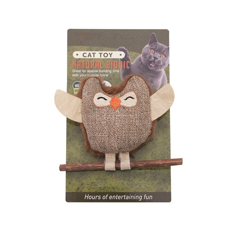 Catnip owl teething stick with brown plush owl and feather tail, retail package