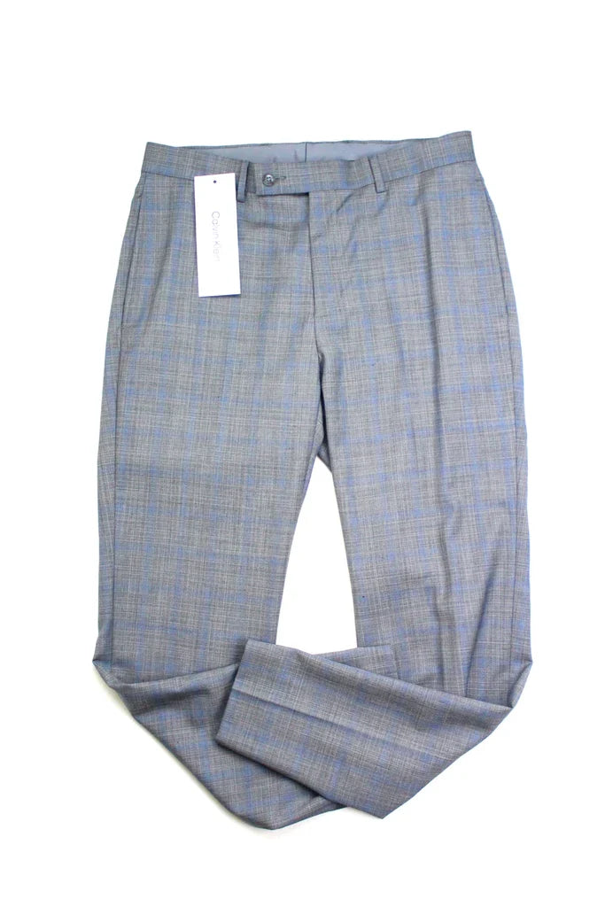 Slim-fit plaid suit pants with hang tag, gray-blue grid pattern, belt loops
