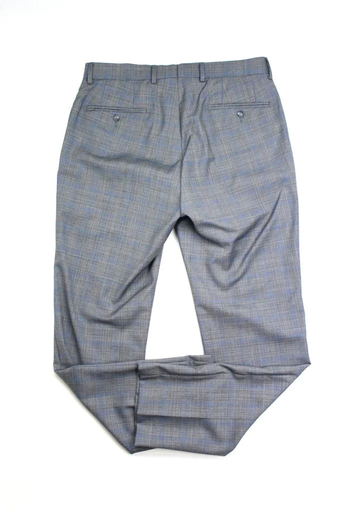 Slim-fit plaid suit pants with button closure, gray-blue grid pattern, side pockets