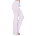 White yoga pants with drawstring waist and flared bell-bottom legs