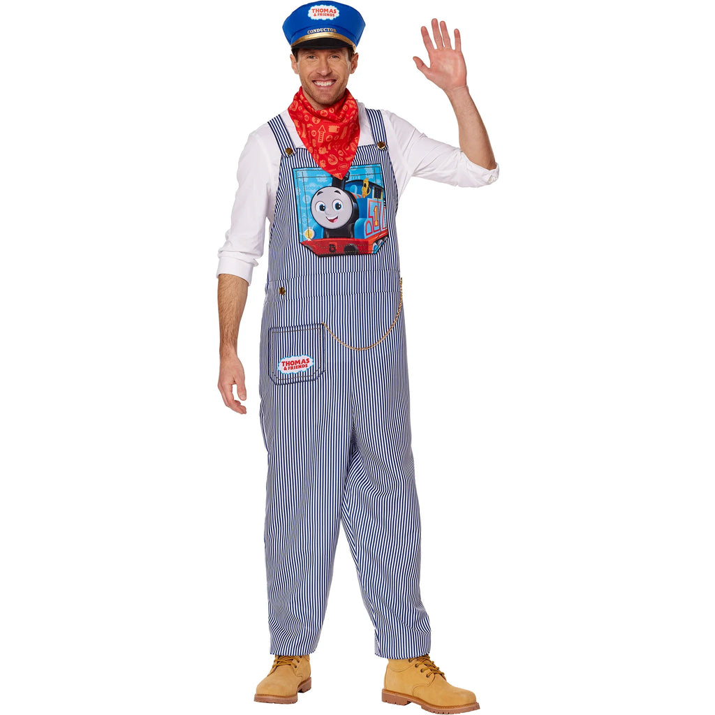 Men's conductor costume set with blue striped overalls, red neckerchief, cap